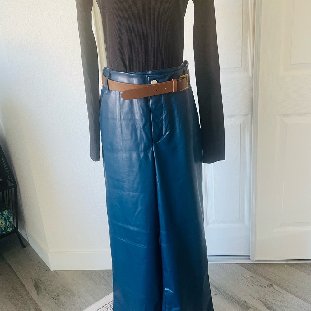 Black Long Sleeve Top with Blue Leather faux Pants